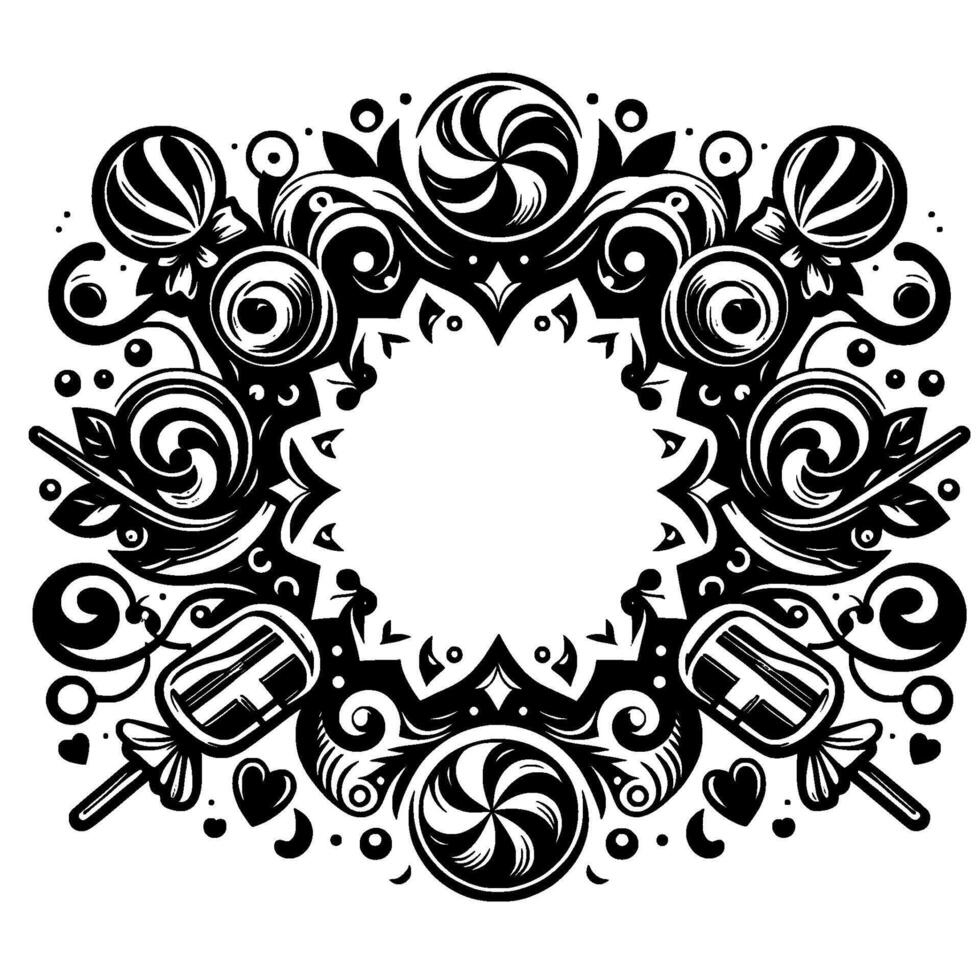 Intricate black and white symmetrical candythemed border with swirl lollipops, hard candies, decorative floral elements, and a central blank space, isolated on white. vector