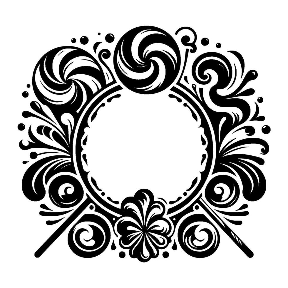 Black White Circular Ornament Featuring Swirl Lollipops Floral Scrollwork, Empty Center Space, Decorative . vector