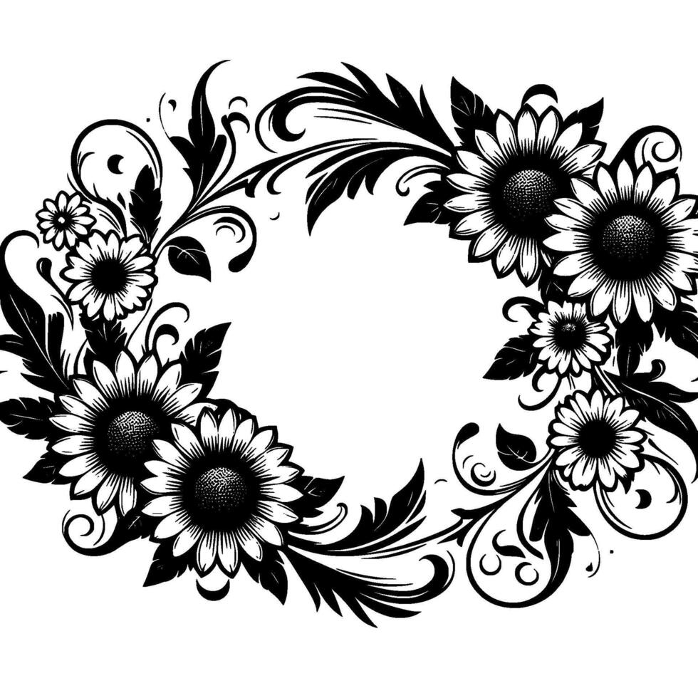 Elegant black and white floral wreath , featuring sunflowers, daisies, and ornamental foliage on a pristine white backdrop. vector