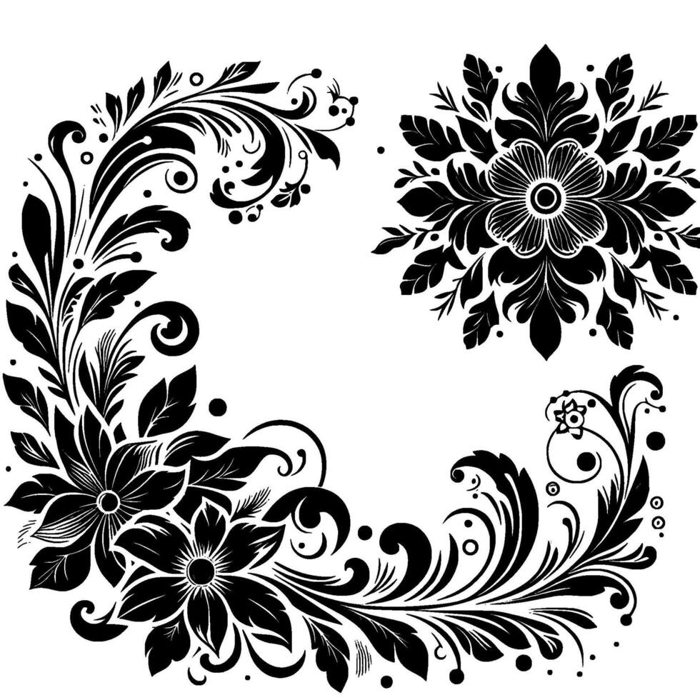 Elegant Black White Floral Designs Decorative Elements with Swirls, Dots, and Flourishes on a White Background. vector
