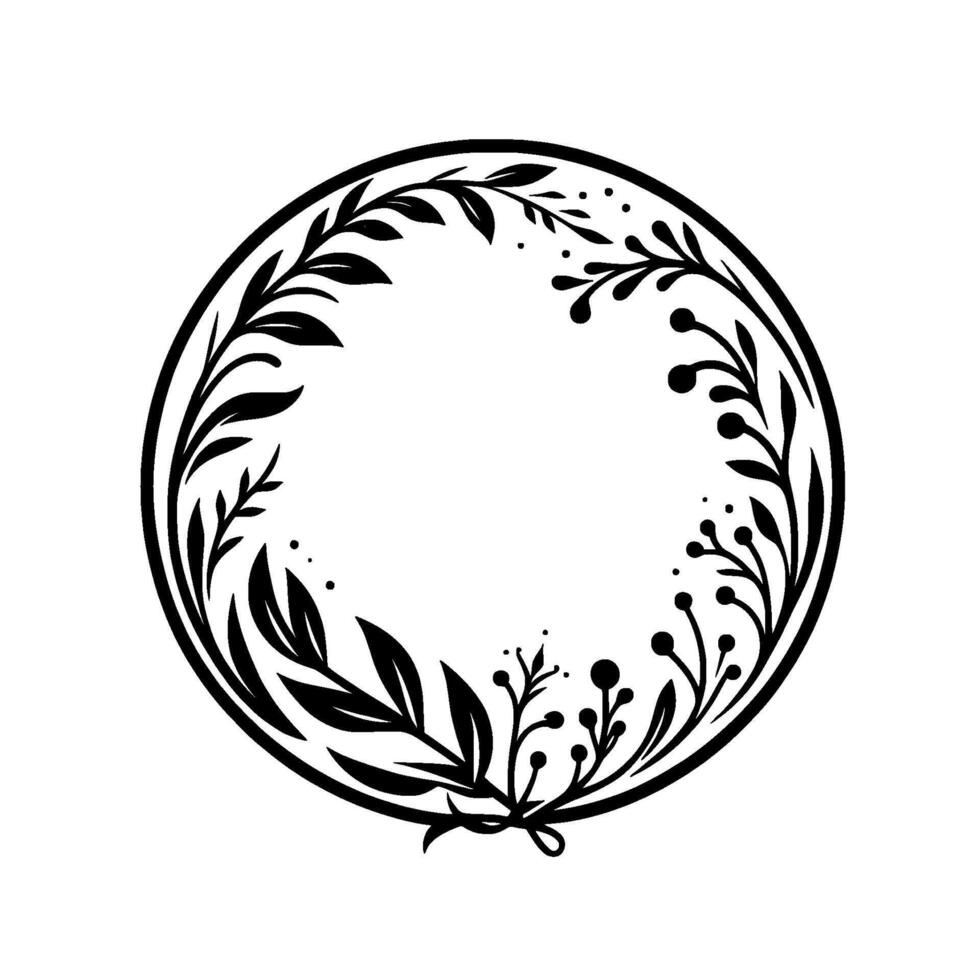 Black Botanical Wreath on White Background A minimalist illustration of leaves and berries in a circular frame, perfect for templates. vector