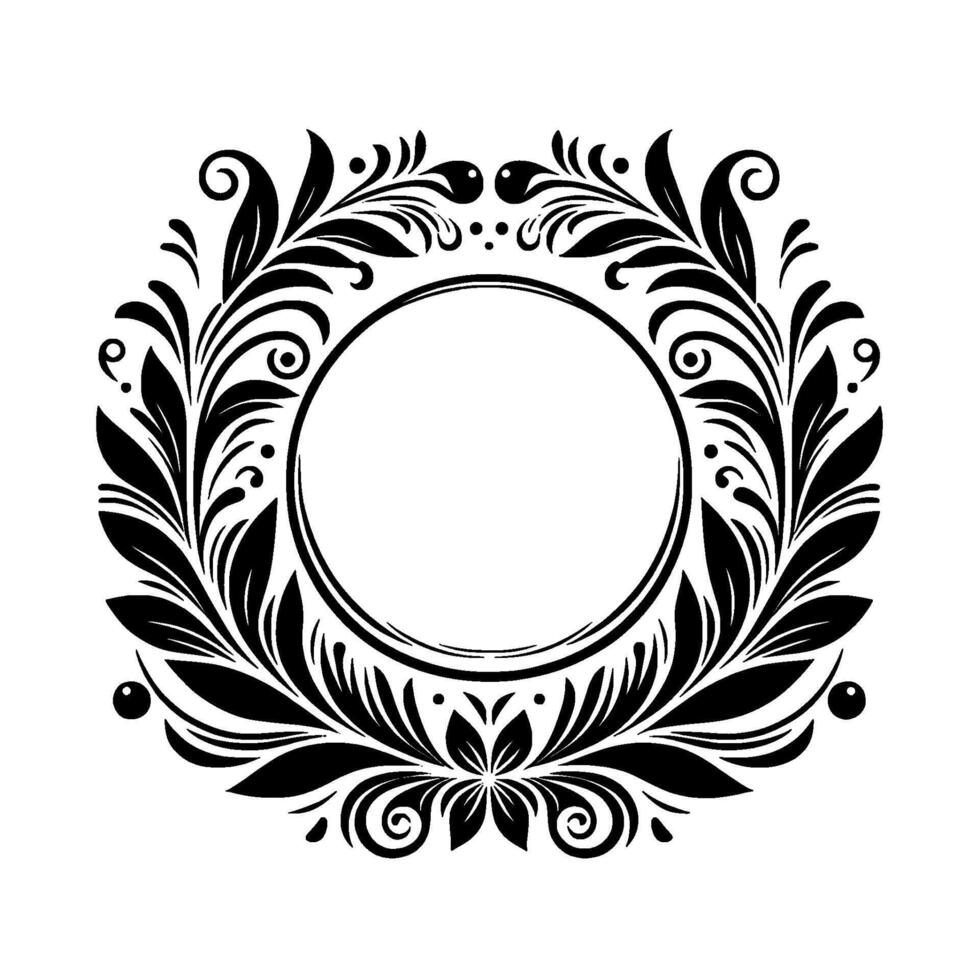 Elegant Black and White Floral Frame with Circular Center, Flourishes and Leafy , a Classic Decorative Element. vector