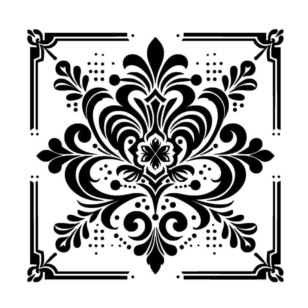 Symmetrical black and white floral ornamental with a square frame, consisting of leaves, dots, and scrolling elements. vector