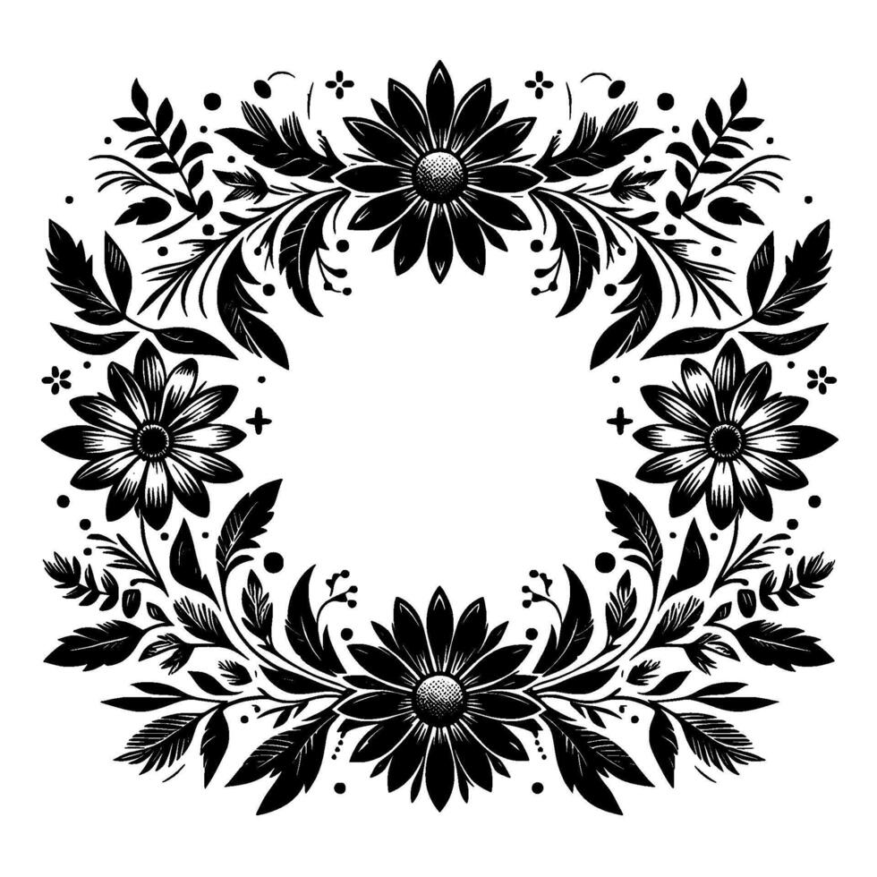 Elegant symmetrical floral frame illustration with four stylized daisy flowers, leaves, and decorative elements, creating a beautiful black and white circular . vector