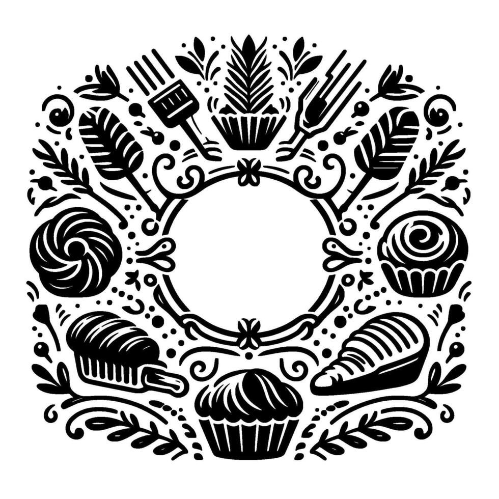 Intricate Black White Circular with Baked Goods, Utensils, and Leafy Accents, Surrounding a Blank Circular Space. vector
