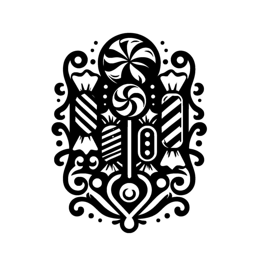 Black and White Illustration of Candies, Lollipops, and Sweets Arranged in an Elegant Ornate Pattern with a Clean Aesthetic. vector