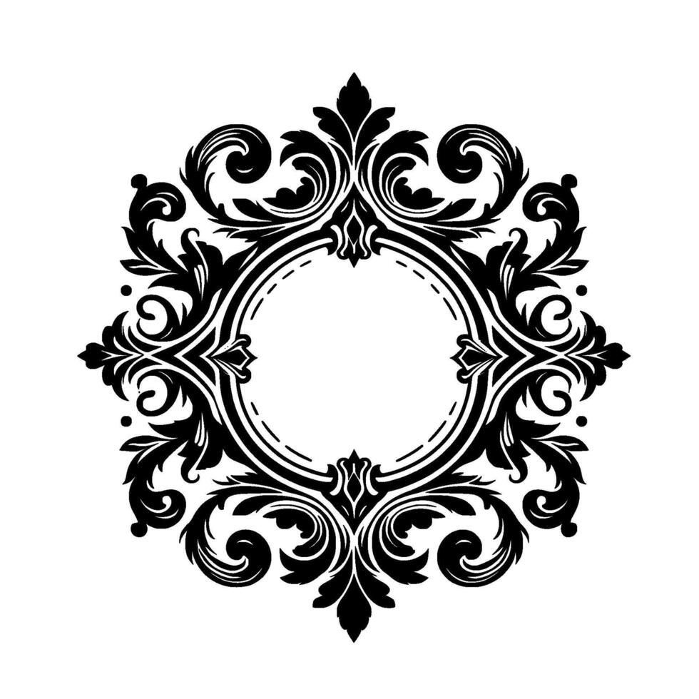 Ornate Black White Decorative Circular Floral Frame with Scrollwork, Leaves, and a Central Empty Circle, Isolated on White. vector