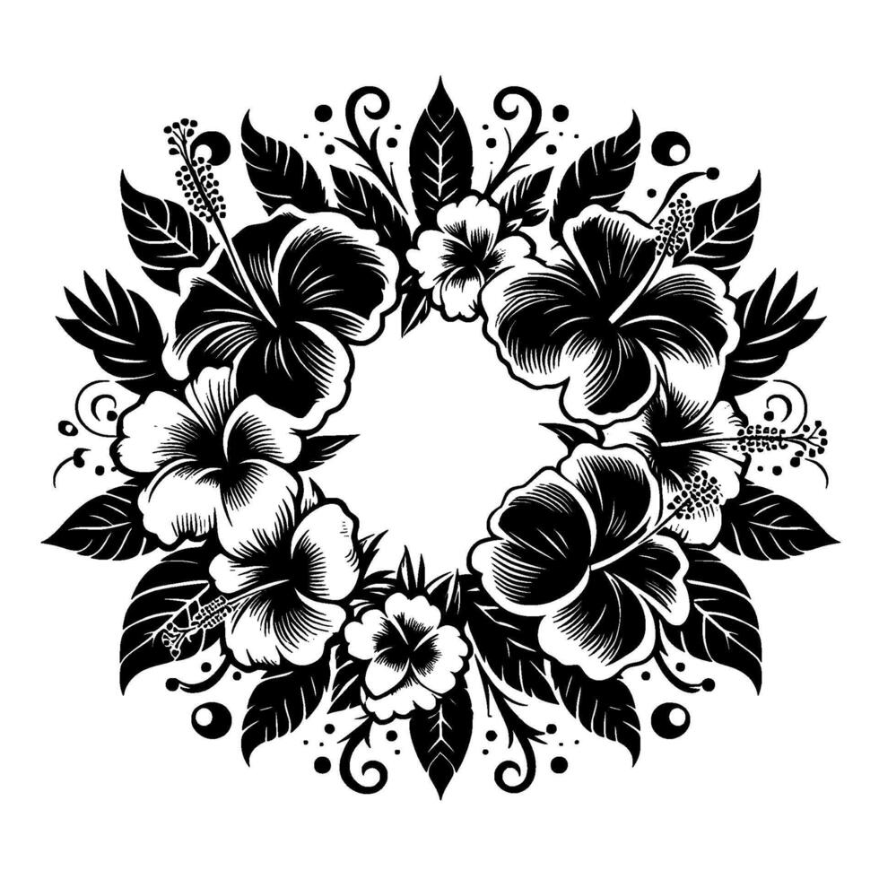 Intricate Black and White Hibiscus Floral Wreath with Detailed Leafy Accents, Creating a Circular . vector