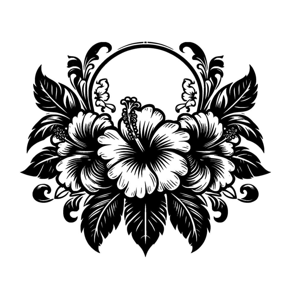 Ornate Black and White Hibiscus Floral Arrangement within Circular Frame and Flourishes, Isolated vector