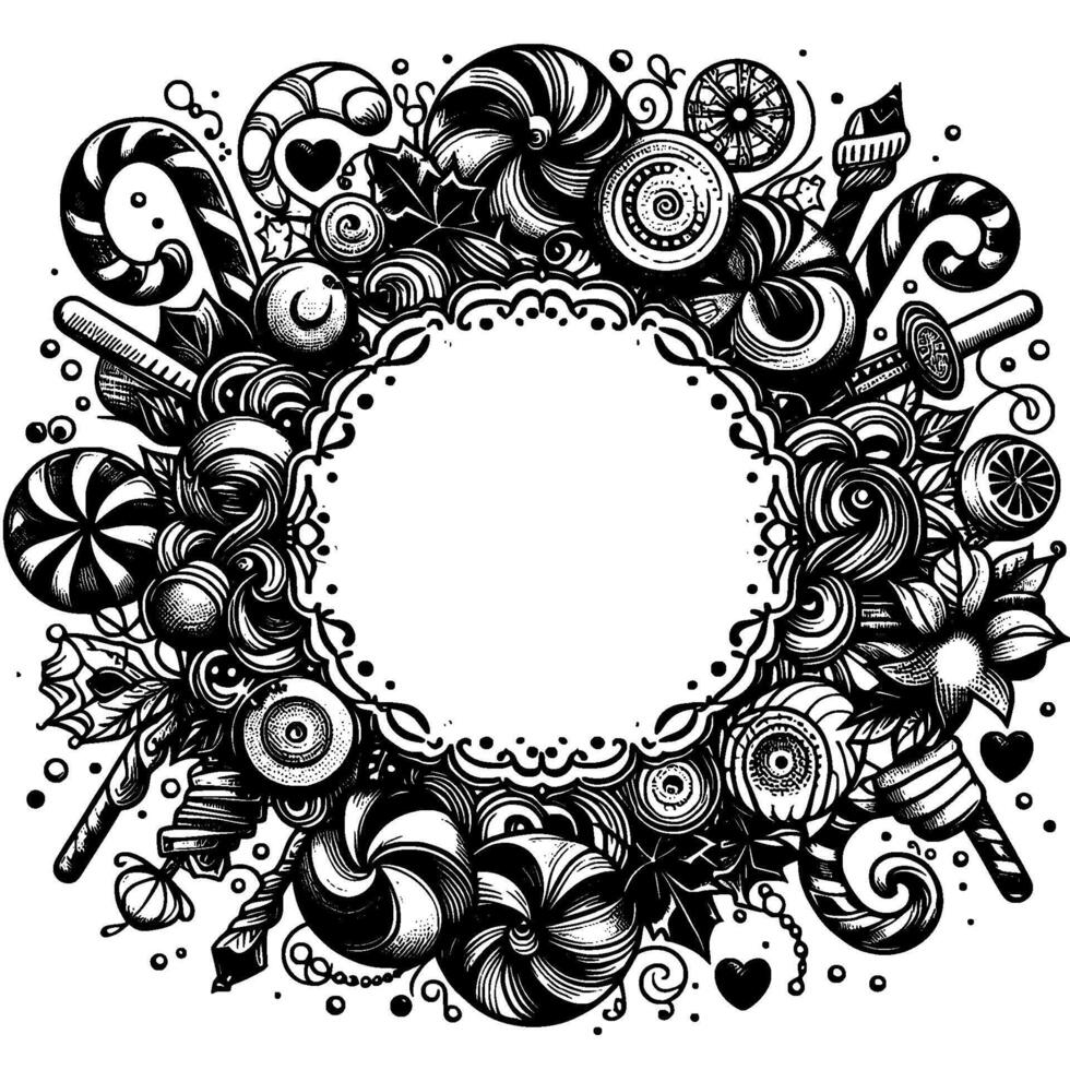 Intricate Black and White HandDrawn Candy Wreath with Ornate Frame, Perfect for Sweet Invitations Designs. vector