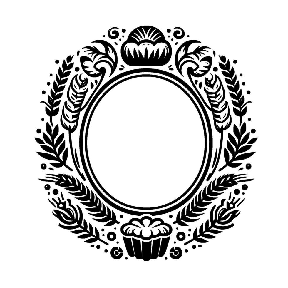 Black and White Floral Bakery Illustration with a Central Circular Frame, Wreath , and Wheat Elements. vector