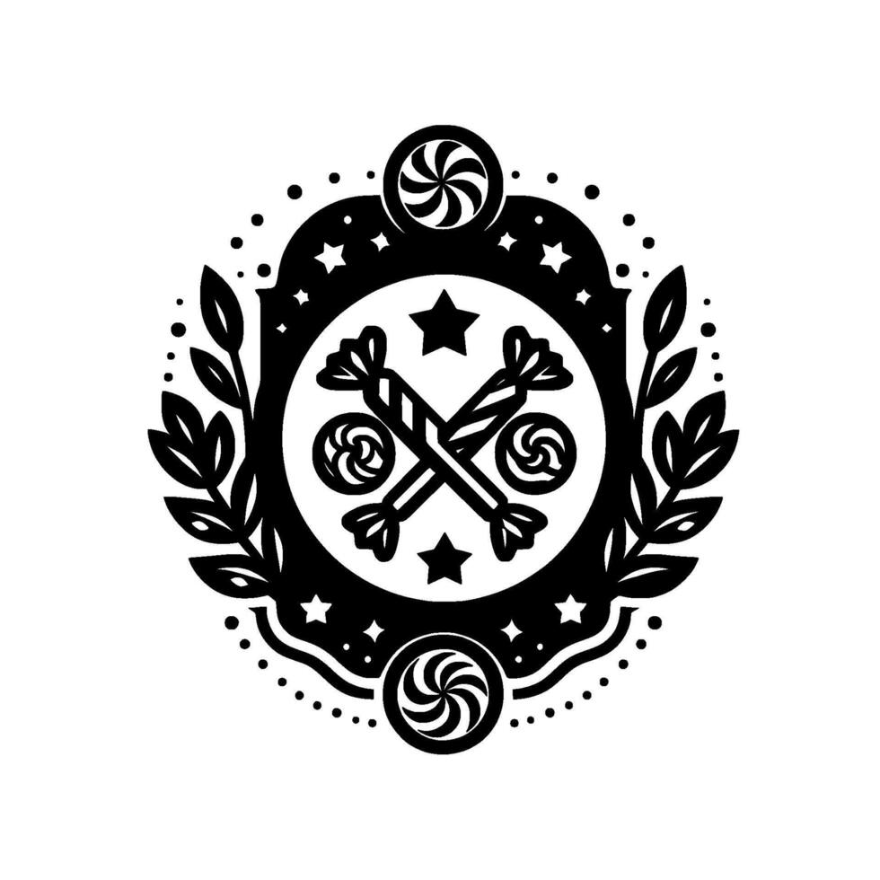 Ornate Black and White Emblem Candies, Swirls, Stars, and Foliage within a Decorative Border. vector