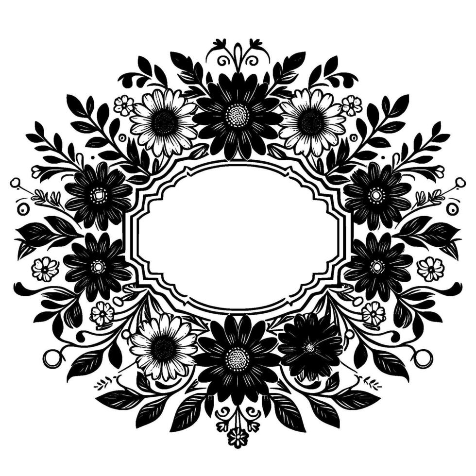 Elegant Monochrome Floral Frame Daisies and Leaves Embrace a Central Oval Space, Perfect for Invitations and . vector