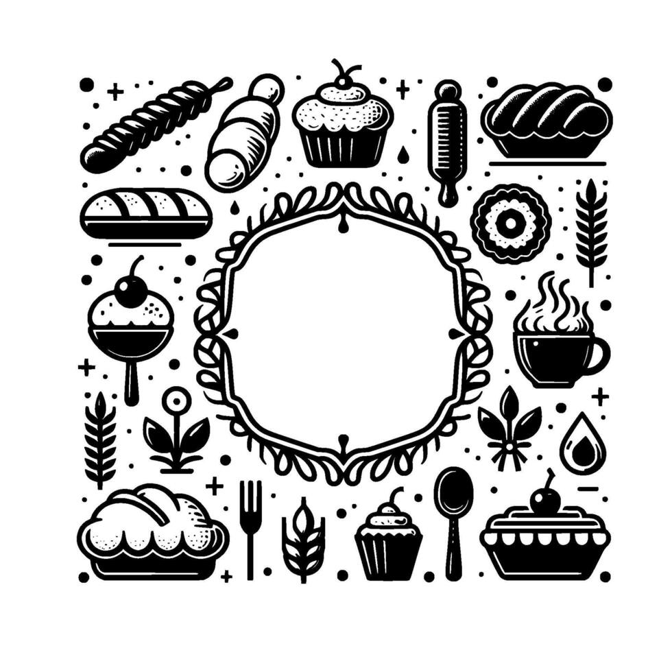 Black and white bakerythemed illustration with bread, pastries, and a central ornate frame, perfect for food branding. vector