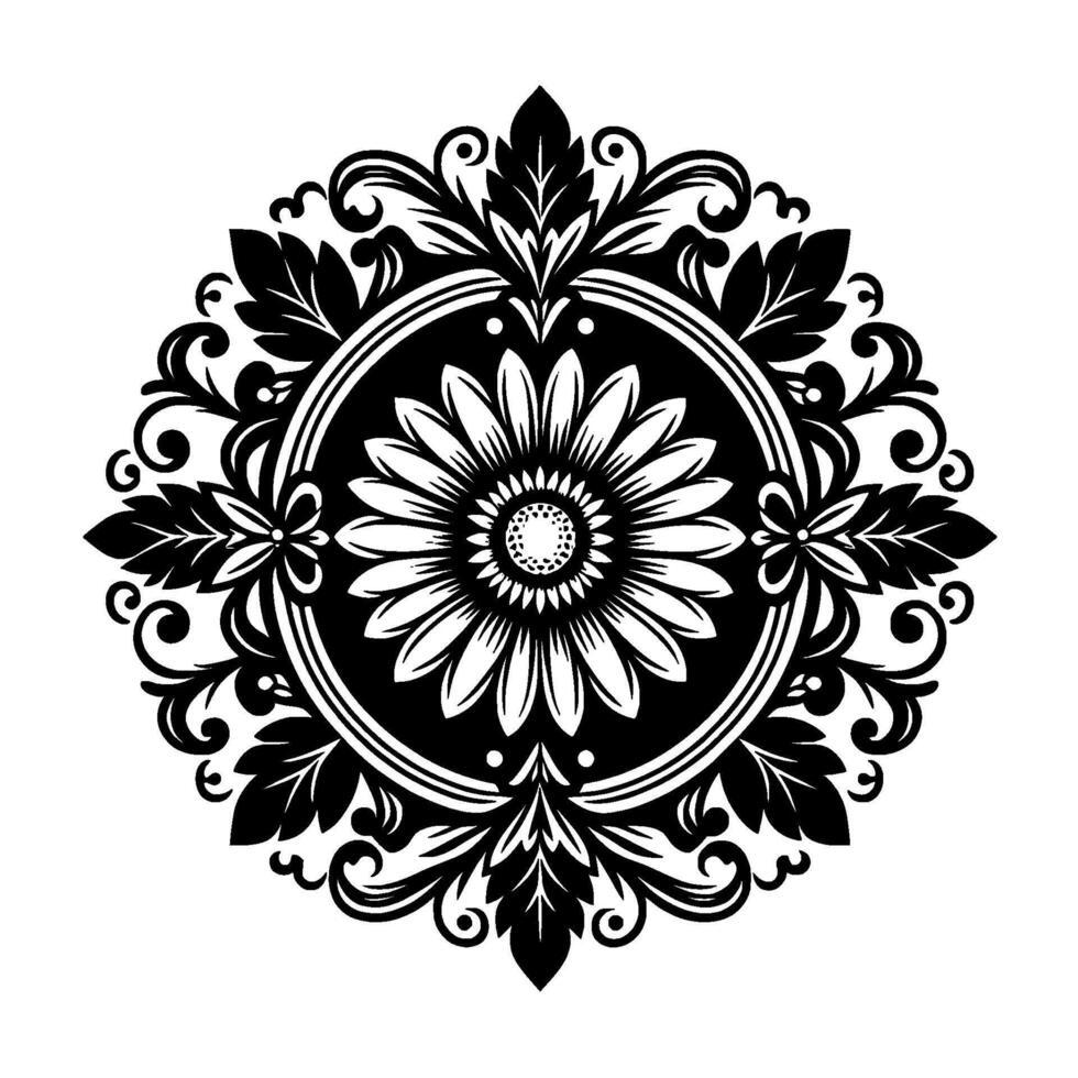 Intricate black and white floral mandala , featuring a central flower encircled by a decorative frame with stylized leaves and ornamental flourishes. vector