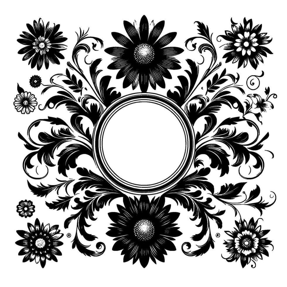 Ornate floral in black and white, featuring a central empty circular frame, surrounded by detailed daisies and elegant scrolling foliage elements, evoking a vintage aesthetic. vector