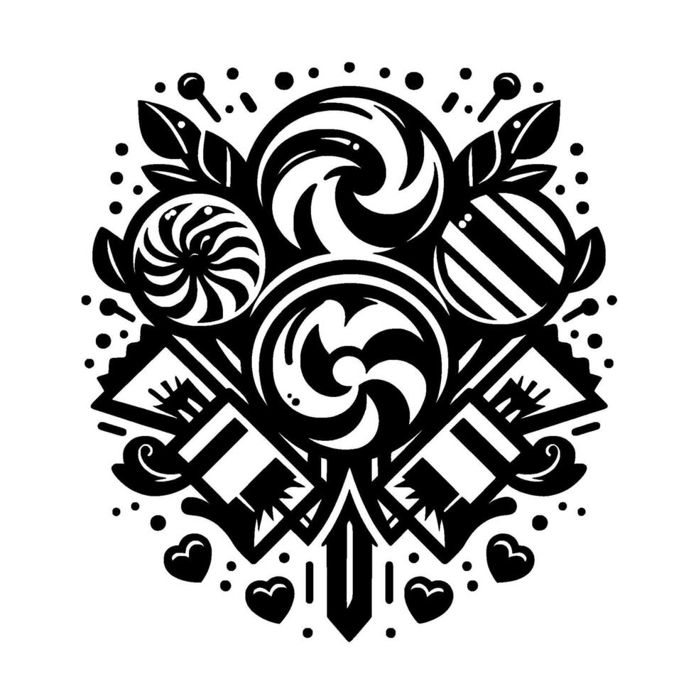 Intricate Black White Illustration Stylized Candies, Lollipops, Hearts, and Decorative Elements in a Circular Composition. vector