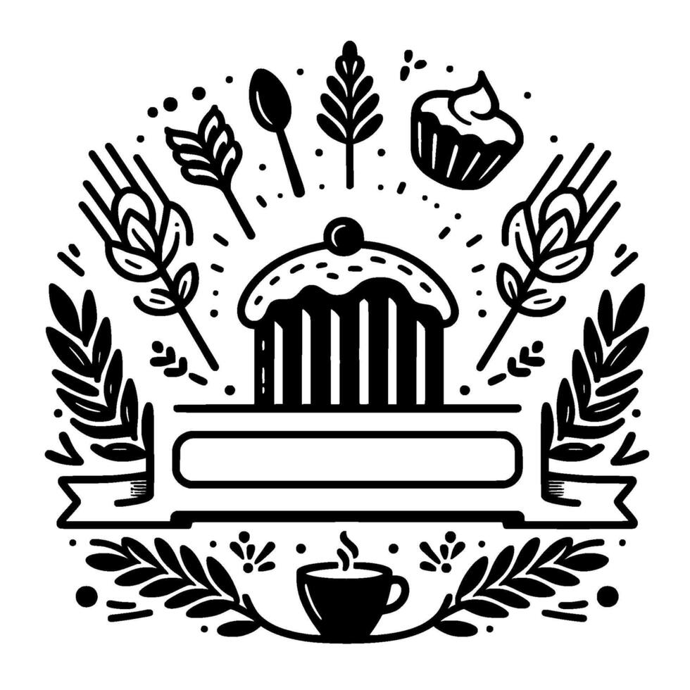 Elegant Black and White Bakery Featuring Cake, Wheat, Leaves, and Cup of Coffee with a central banner for text. vector