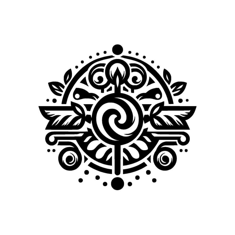 Intricate Black and White Ornamental Featuring Swirls, Leaves, and Circular Composition Centered on a Lollipoplike Focal Point. vector