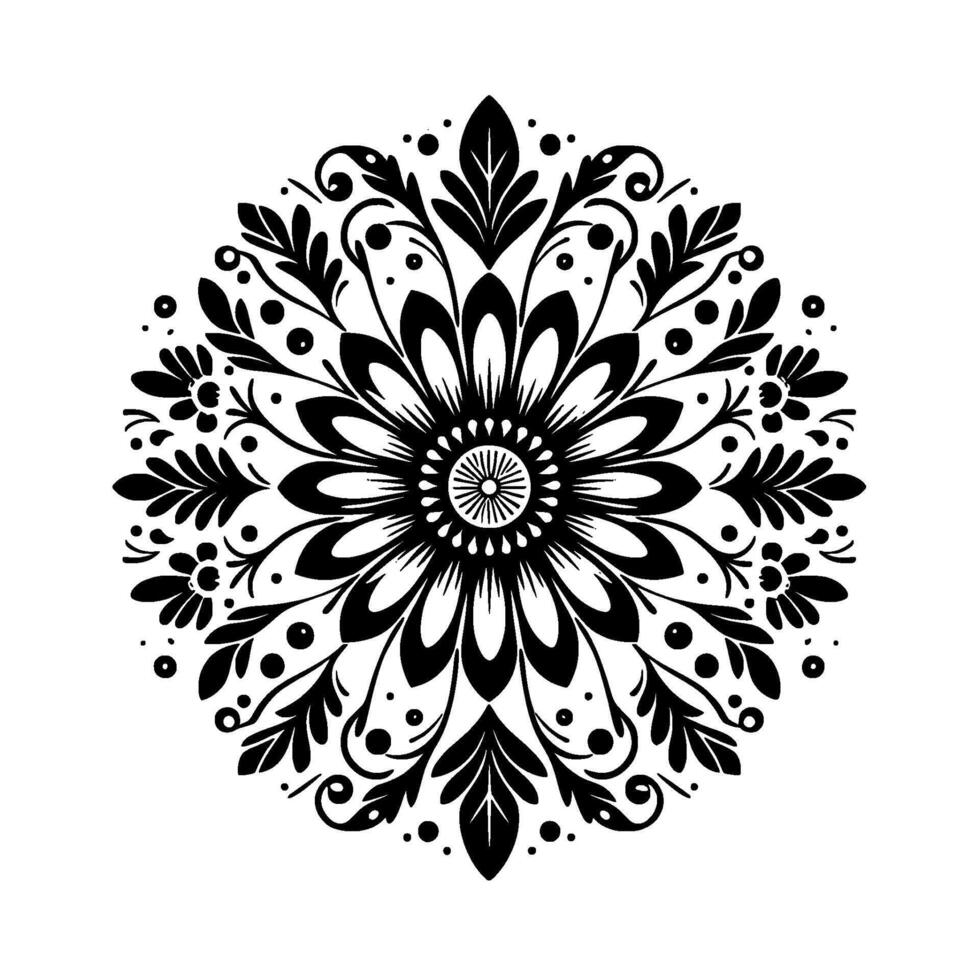 Intricate Black and White Floral Mandala with Ornate Leaf and Swirl Elements, Symmetrical Composition, and a Decorative Aesthetic. vector