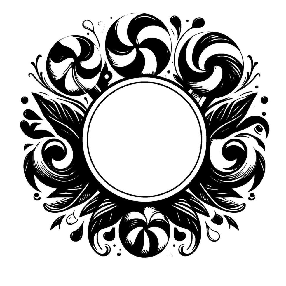 Black and White Candy Mandala Swirl Lollipops and Floral Motifs Encircling a Blank Circle for . vector