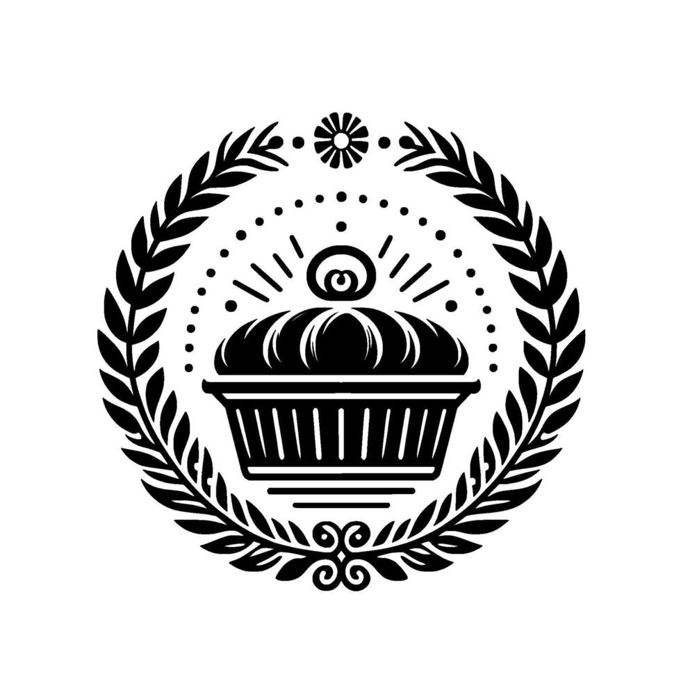 Elegant Black and White Bakery featuring a stylized cupcake, floral elements, and laurel wreath, with a vintage, minimalist . vector