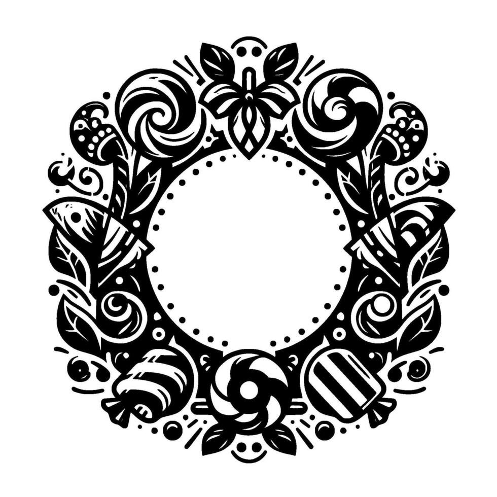Intricate Black and White Wreath with Candies, Lollipops, Leaves, and Dots, Creating a Festive and Decorative Circular Frame. vector