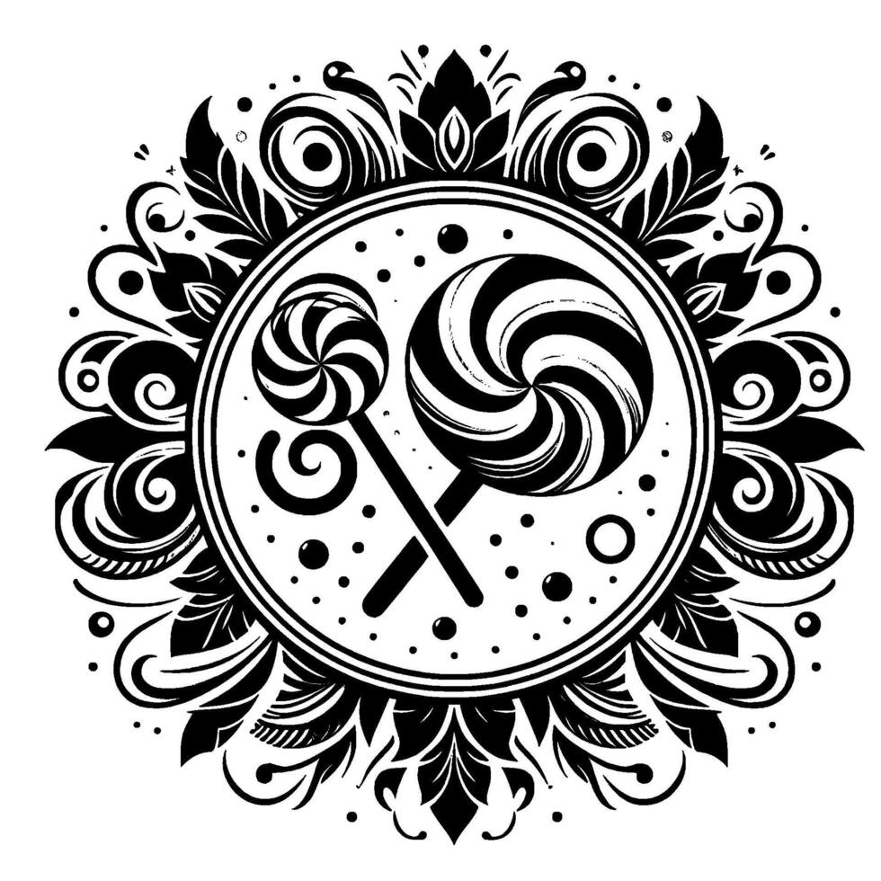 Black and White Circular Composition Two Swirled Lollipops Crossed in Ornamental , Surrounded by Floral Flourishes and Dotted Accents. vector