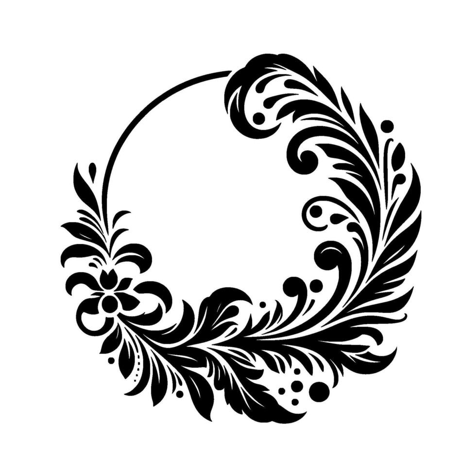 Elegant Black Floral Circle Border with Leaves, Swirls, and Dots, on a Clean White Background. vector