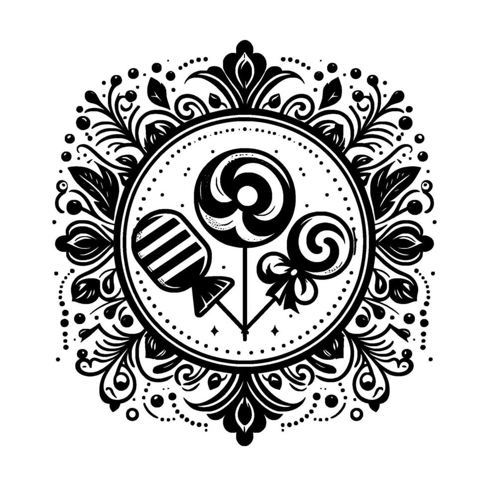 Intricate black and white emblem featuring three stylized lollipops within a decorative floral circle frame, dots and ornate patterns. vector