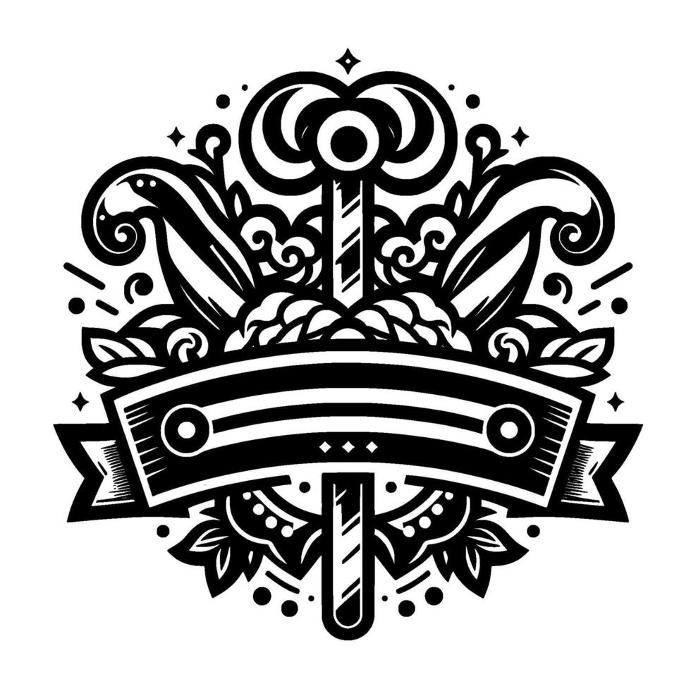 Ornate Black and White Emblem Featuring a Decorative Key, Banner, and Leafy Accents, Suitable for a Crest or . vector