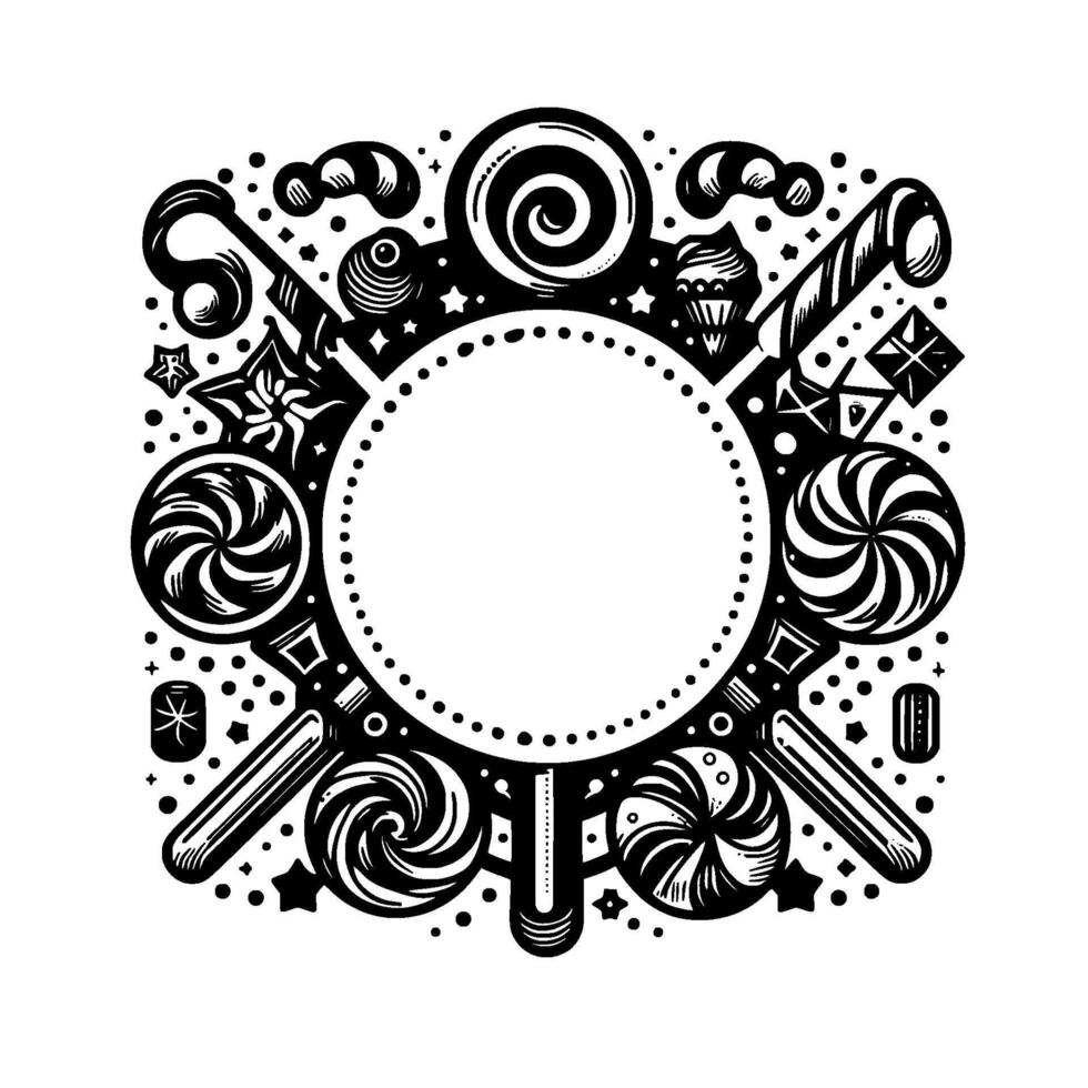 Black White Illustration Festive Candy Frame with Lollipops, Swirls, Stars, and Space for Central Text or Image, Circular Arrangement. vector