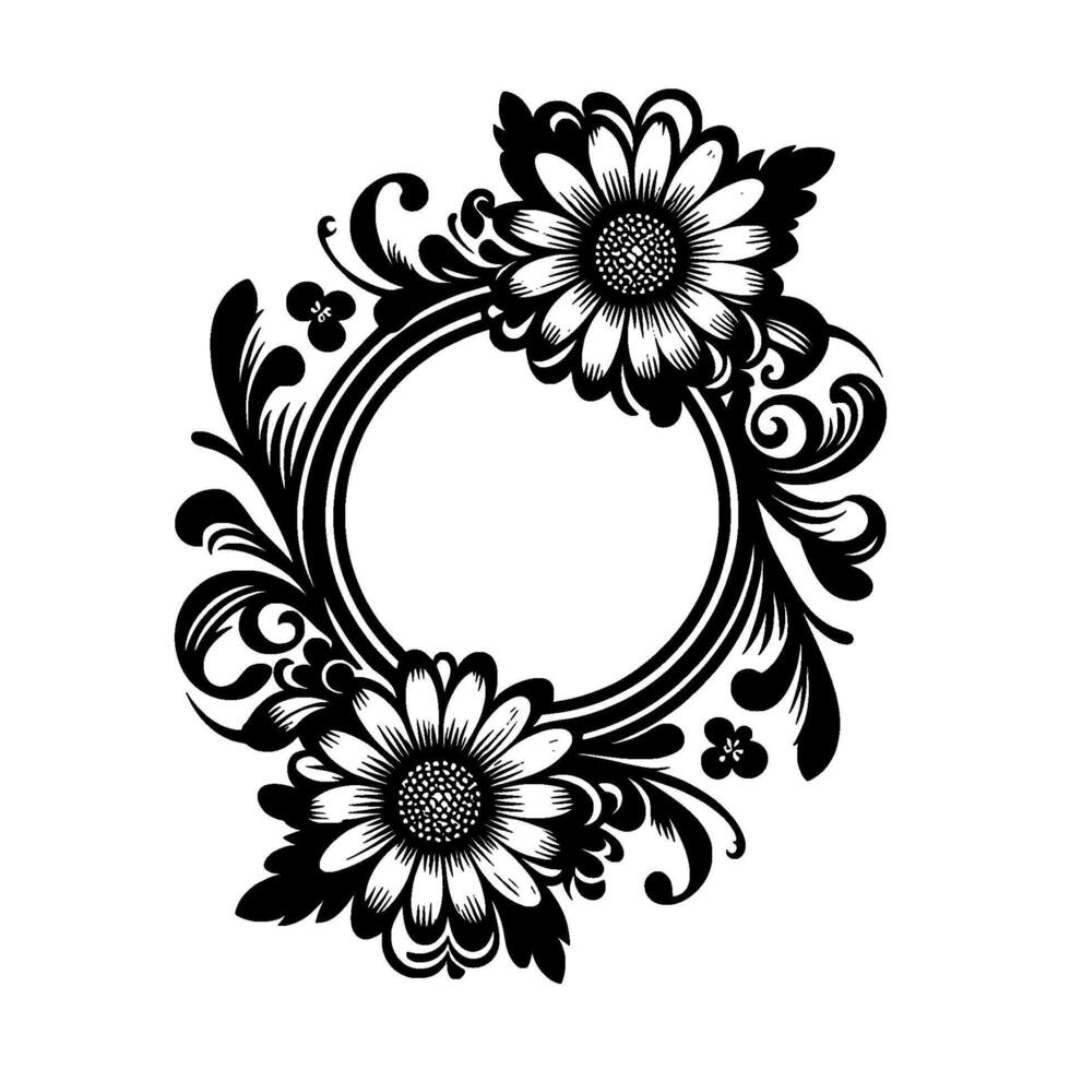 Intricate Black and White Floral Frame with Daisies, Foliage, and Ornate Circular on a Plain White Background. vector