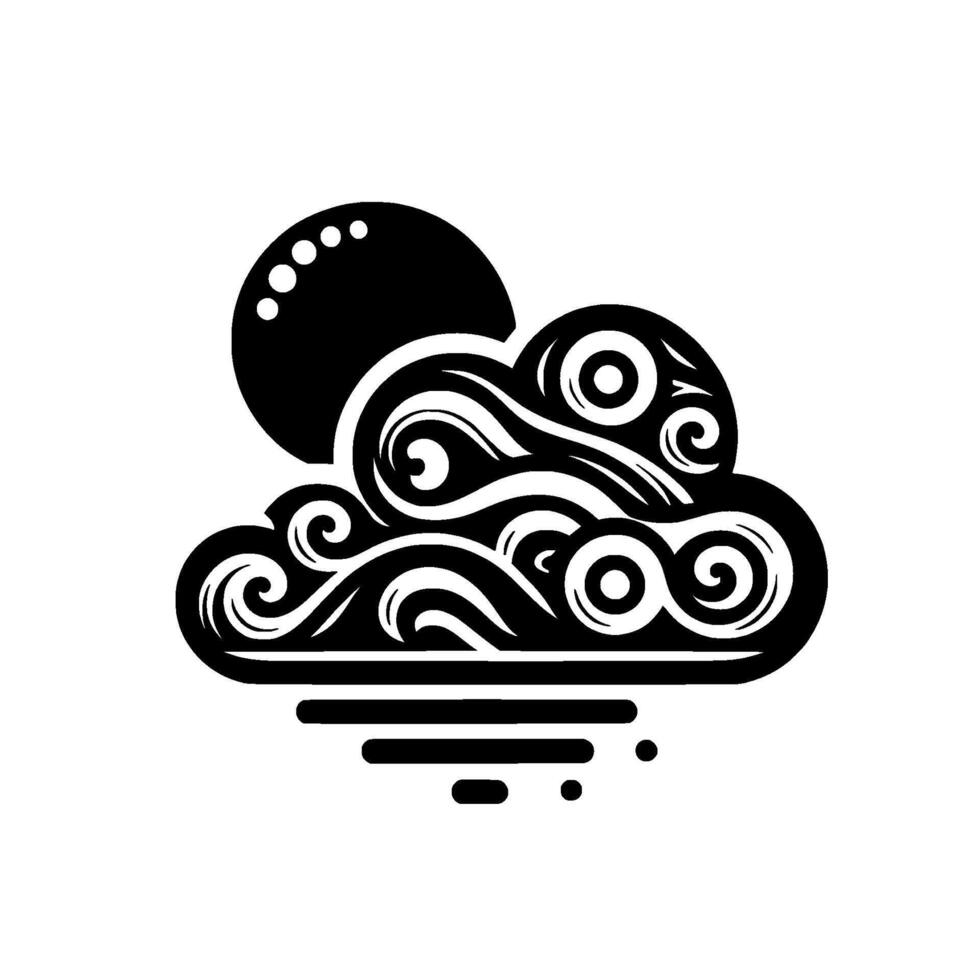 Black and white stylized weather featuring a sun with dots peeking through a swirling cloud formation. vector