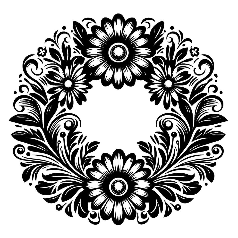 Intricate black and white circular floral wreath, composed of detailed blossoms, leaves, and ornamental flourishes, creating a symmetrical with a blank central space. vector