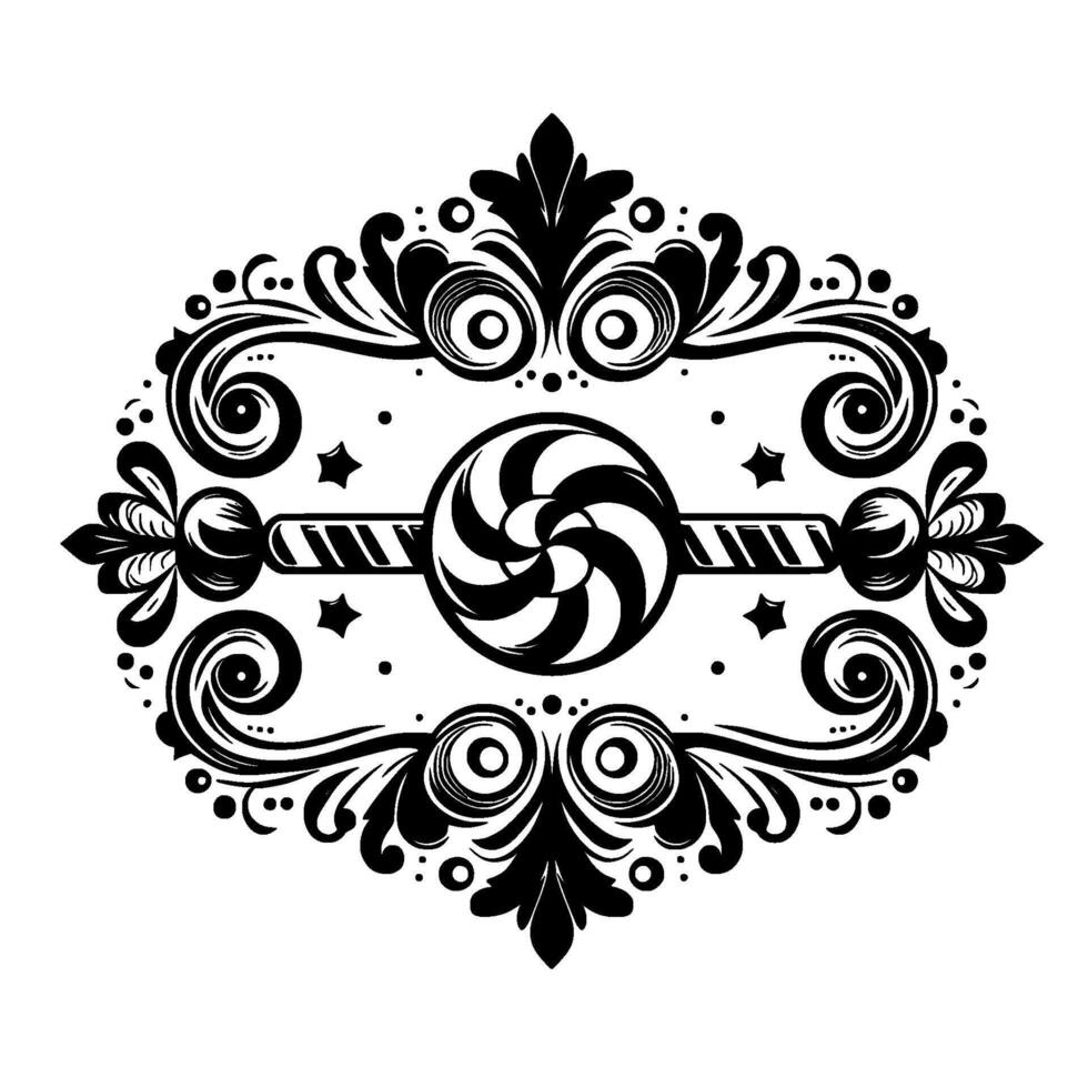 Black and white ornate symmetrical featuring a swirl lollipop center with a decorative border of floral and ornamental elements. vector
