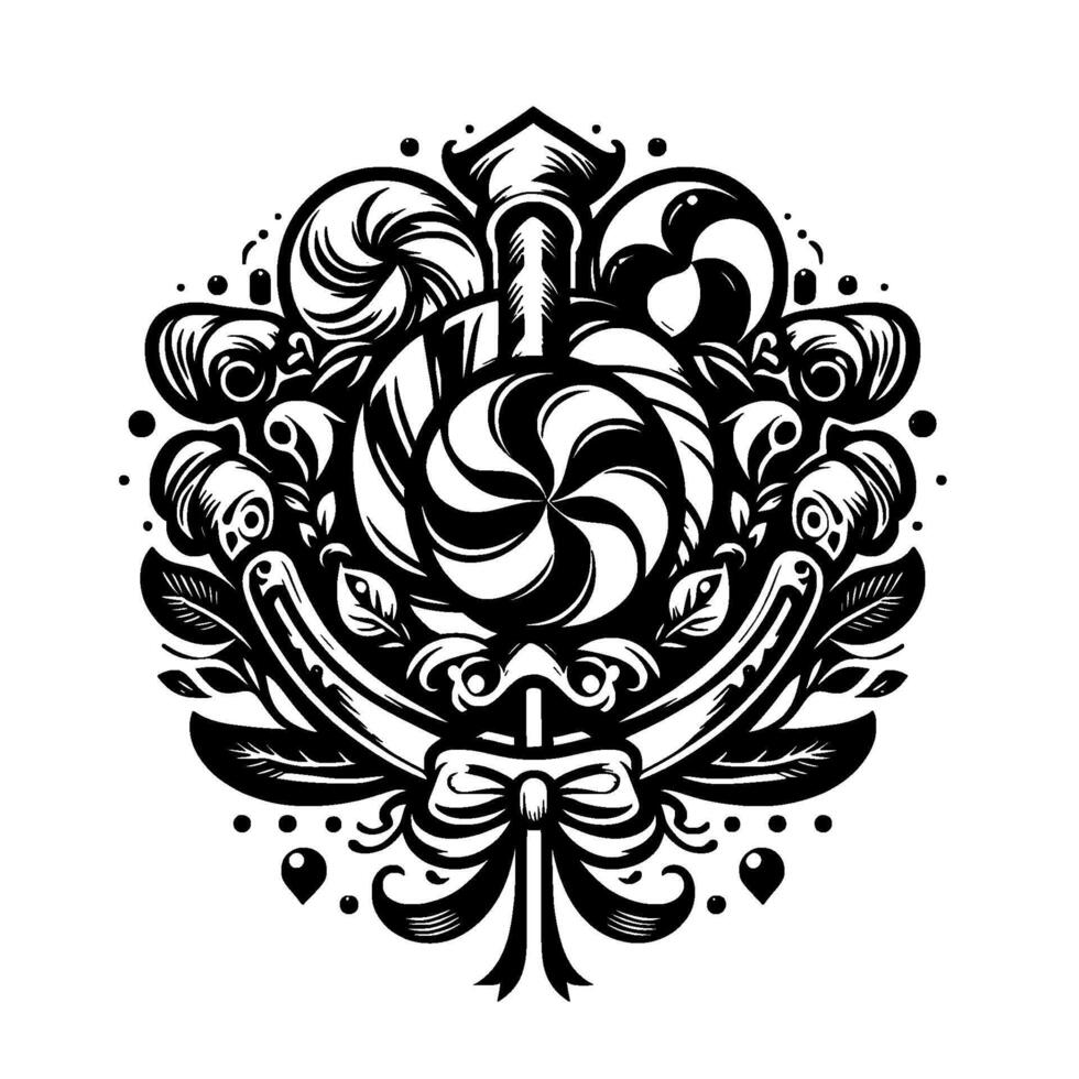 Intricate Black and White Swirl Lollipop Ornament with Swirls, Roses, and Bow, Elegant and Ornamental Composition. vector