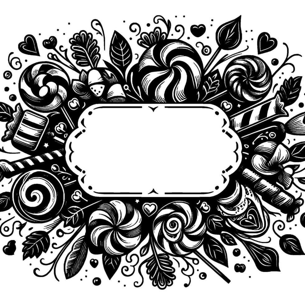 Intricate black and white illustration of an ornate candy frame with lollipops, hearts, leaves, and a blank central space. vector