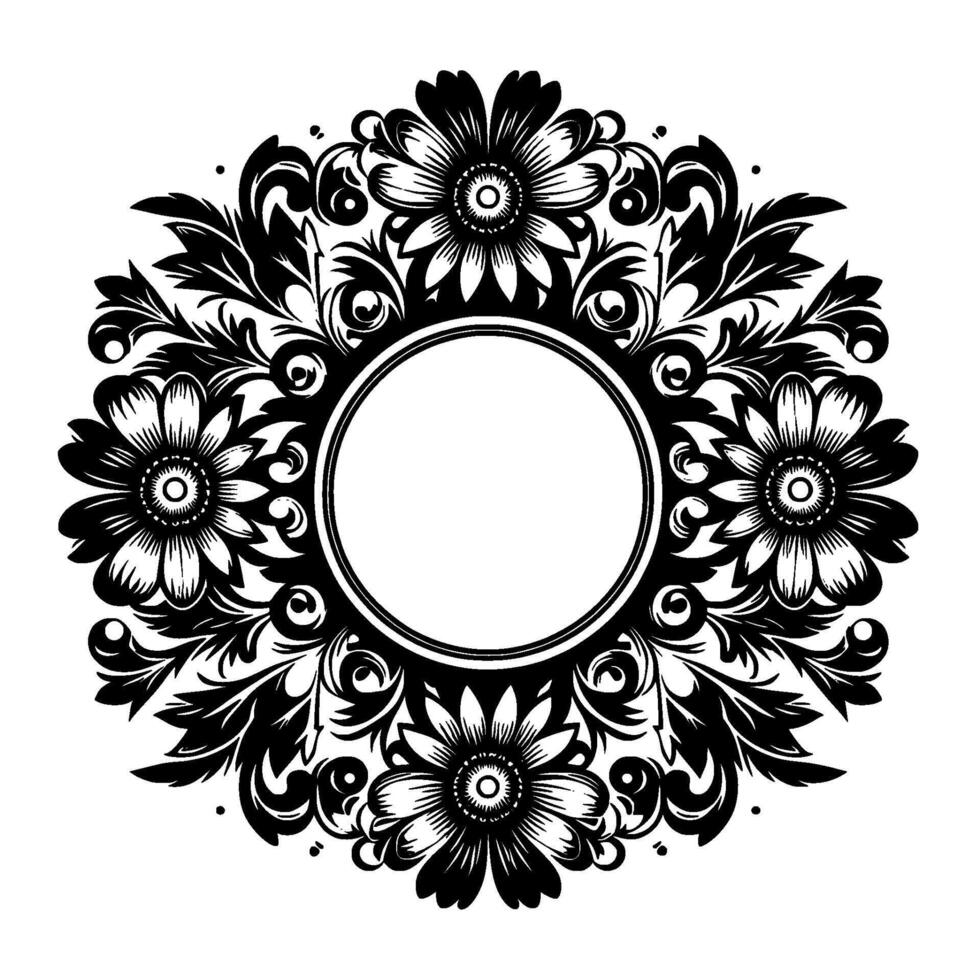 Intricate black and white floral emblem, encircling a blank circular space, featuring stylized blossoms and decorative foliage, on a white background. vector