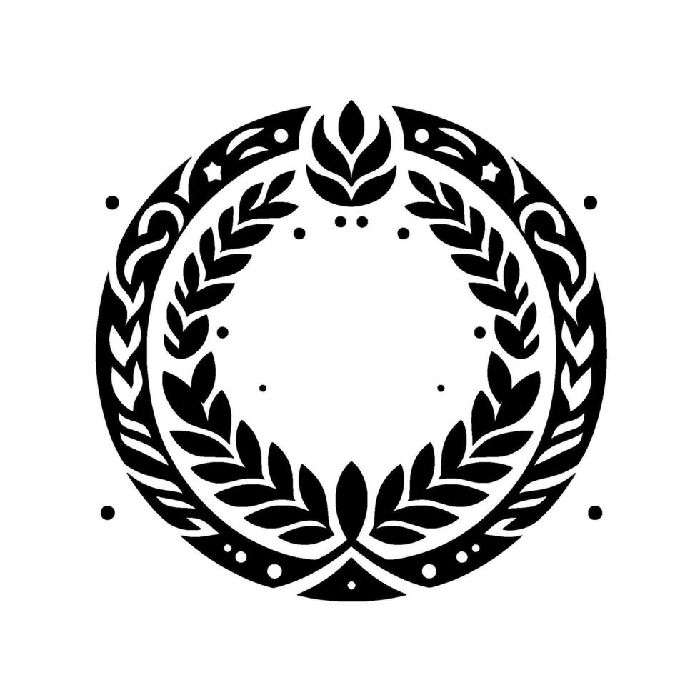 Symmetrical, stylized laurel wreath with floral motifs, stars, dots, and decorative elements, isolated on white, creating a minimalist, elegant emblem. vector