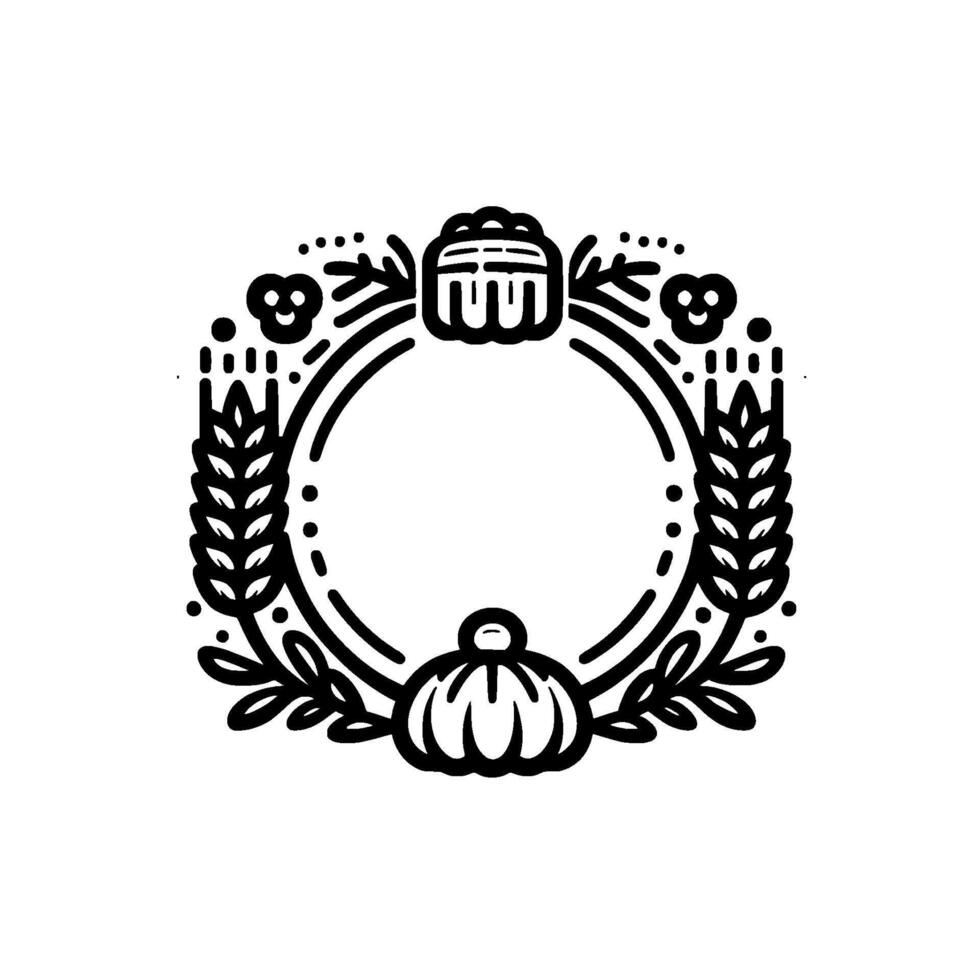 Minimalist Black and White Autumnal Wreath Featuring Harvest Symbols, Ideal for Fall Decor and Applications. vector