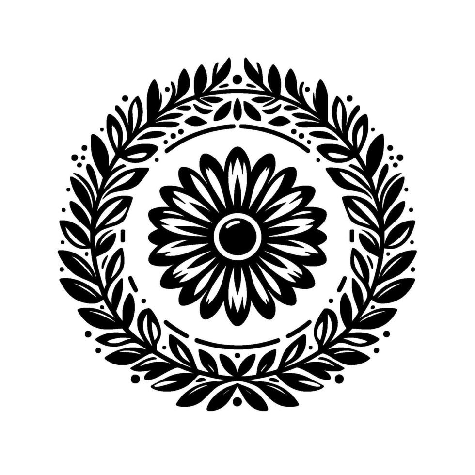 Monochromatic Floral Mandala with Daisy and Leafy Wreath, a black and white symmetric artwork. vector