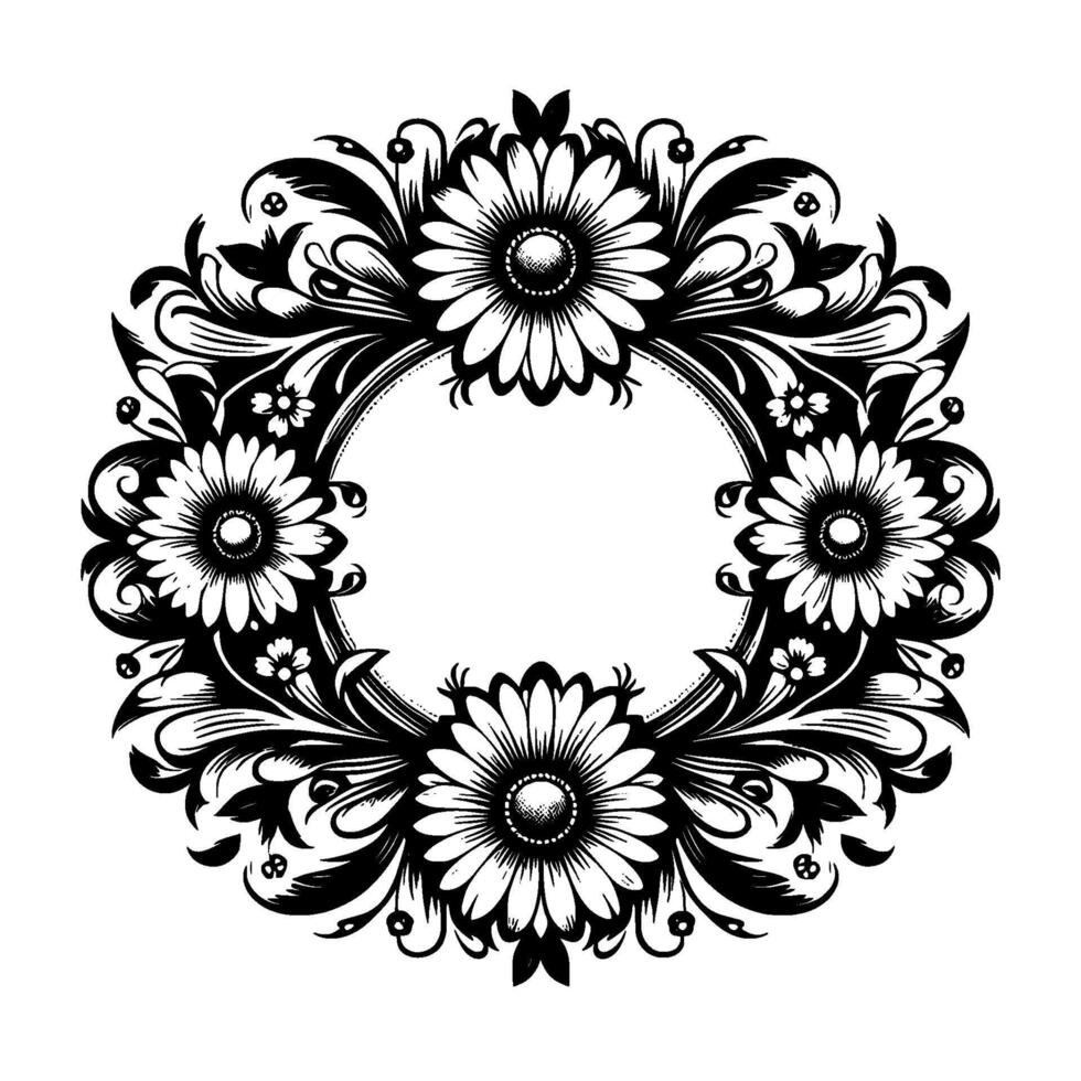 Intricate Black and White Floral Wreath A Symmetrical Composition of Daisies, Leaves, and Embellishments with an Open Center. vector