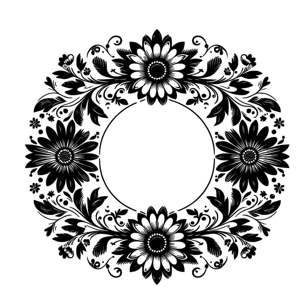 Intricate Black and White Floral Wreath with Central Blank Circle, Featuring Detailed Petals, Leaves, and Decorative Curls. vector