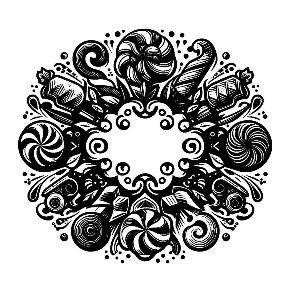 Black and White Candy Garland A Swirl of Lollipops, Swirls, and Treats Forming a Decorative Circular . vector