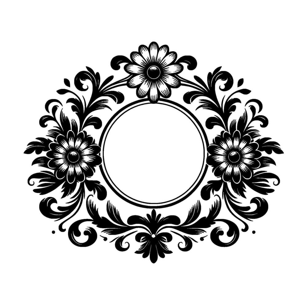 Elegant symmetrical floral frame in monochrome with detailed blossoms, encircling a blank circle, suitable for invitations or decorative elements on a white backdrop. vector