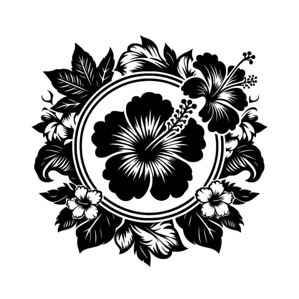 Elegant Black and White Hibiscus Floral Circular Arrangement with Detailed Leaves and Flowers, Illustrative Style vector