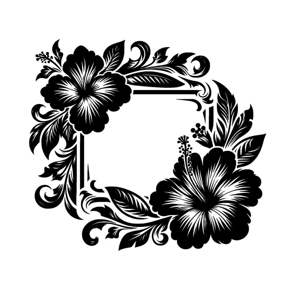Ornate Black and White Hibiscus Flower Frame, Botanical , Floral Border, Square Layout, Artistic Decorative Element. vector
