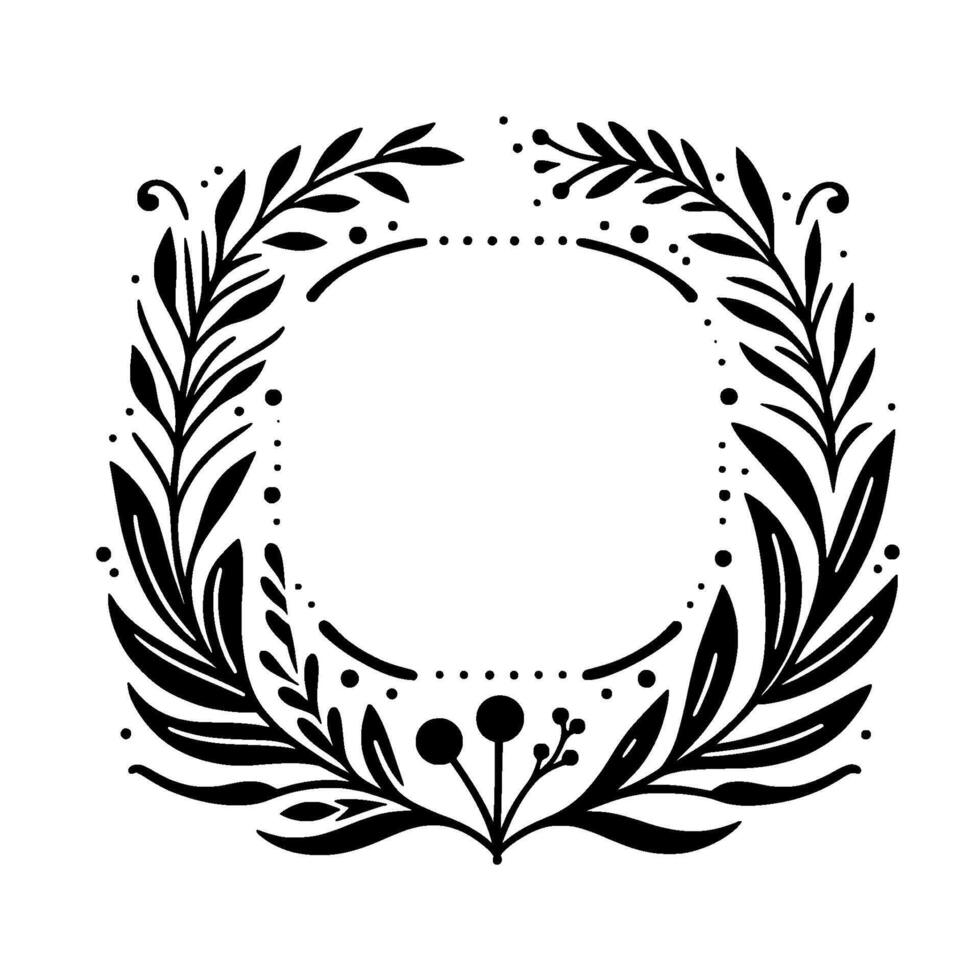 Black and White Botanical Frame Elegant, Circular Foliage Wreath Adorned with Leaves, Berries, and Dots on White Background vector