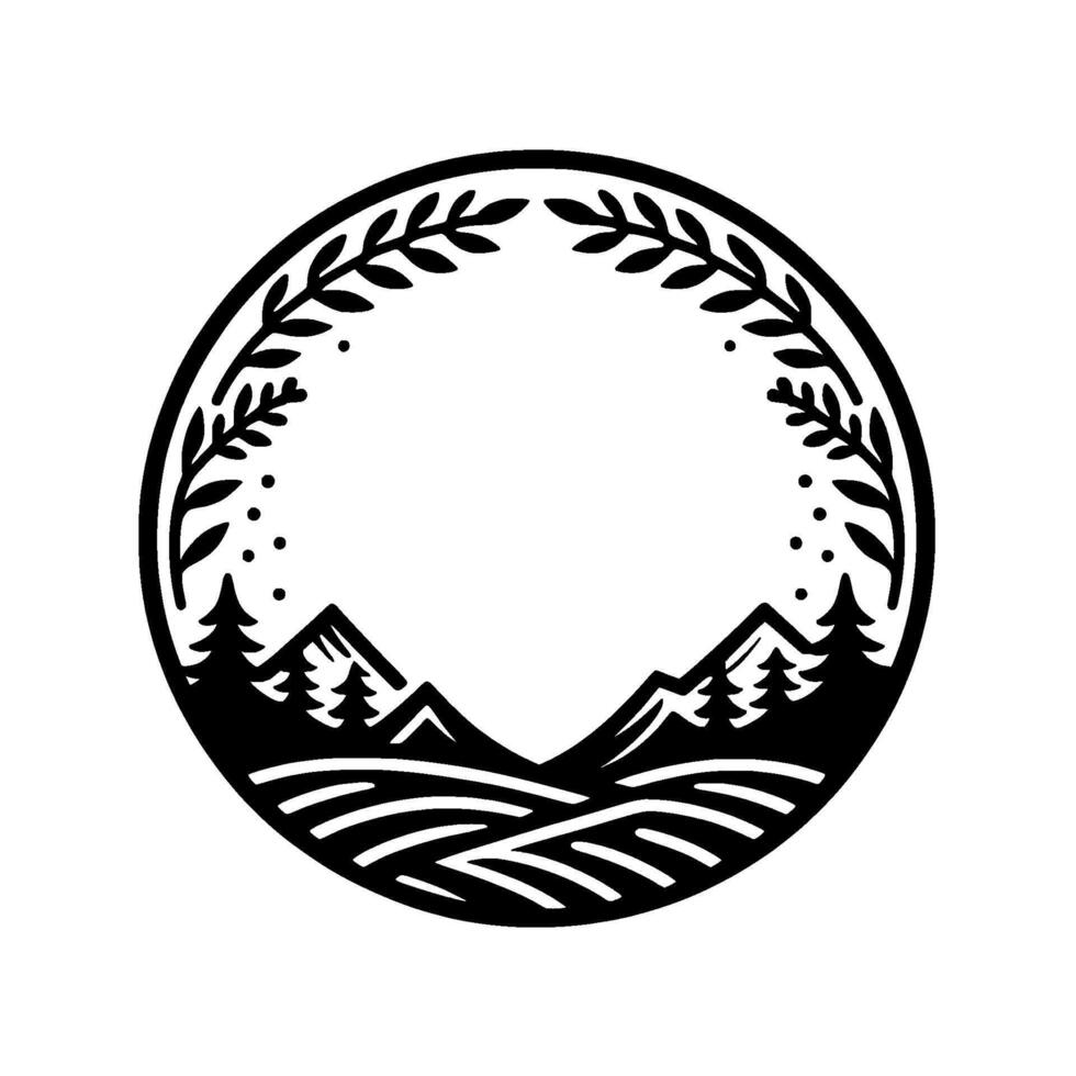 Monochromatic Scenic Black Silhouette within a Circle, Mountainous Landscape, Laurel Wreath, Simple Aesthetic. vector